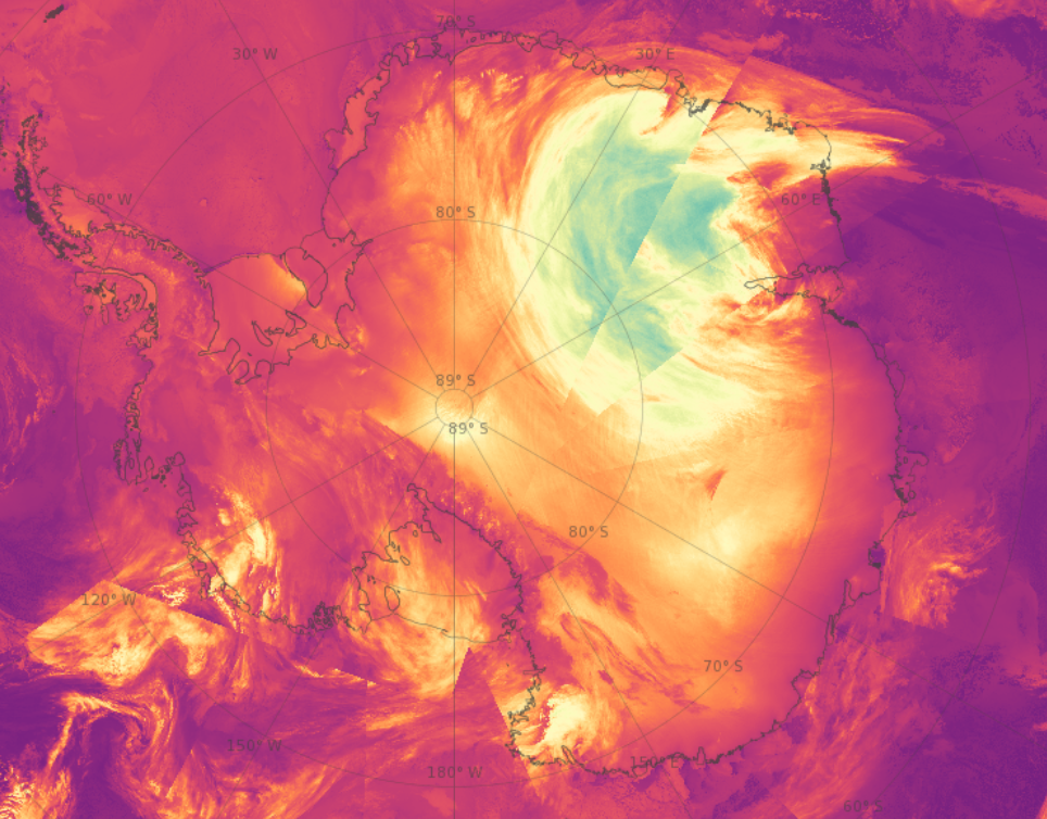 NOAA-21 VIIRS Band I5 brightness temperature over Antarctica, 2024-08-04